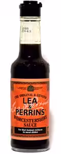 A bottle of Lea & Perrins Worcestershire Sauce.
