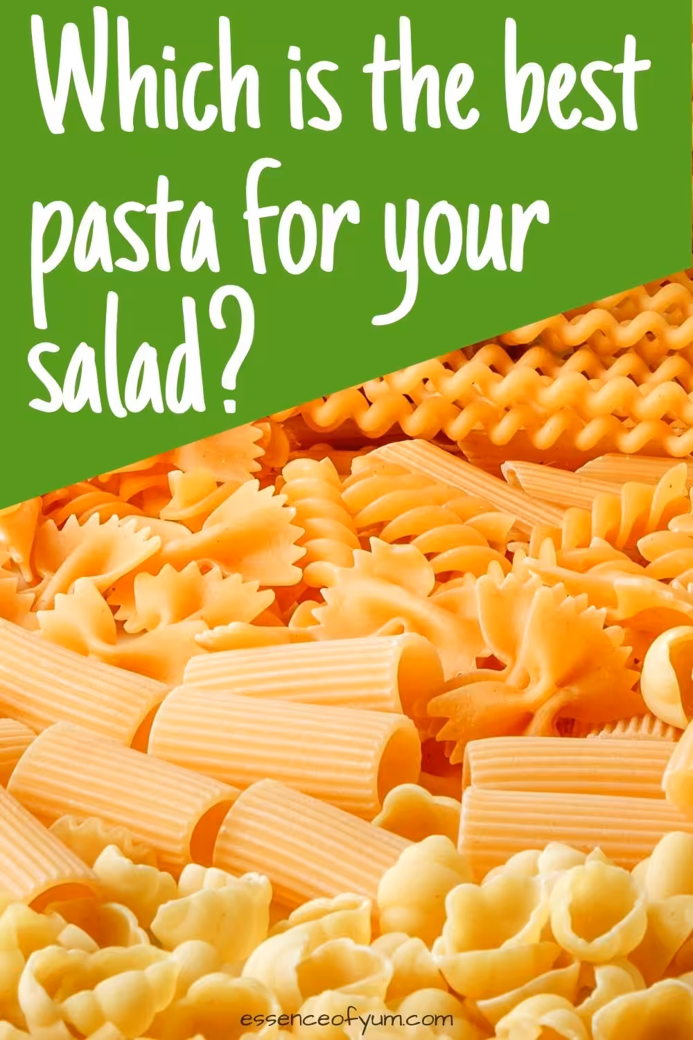 Closeup of a variety of pasta shapes including rigatoni, farfalle, rotini and shells with the text which is the best pasta for your salad.