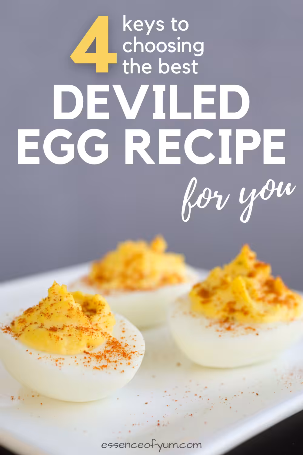 Closeup of 3 deviled eggs garnished with paprika and the text 4 keys to choosing the best deviled egg recipe for you.