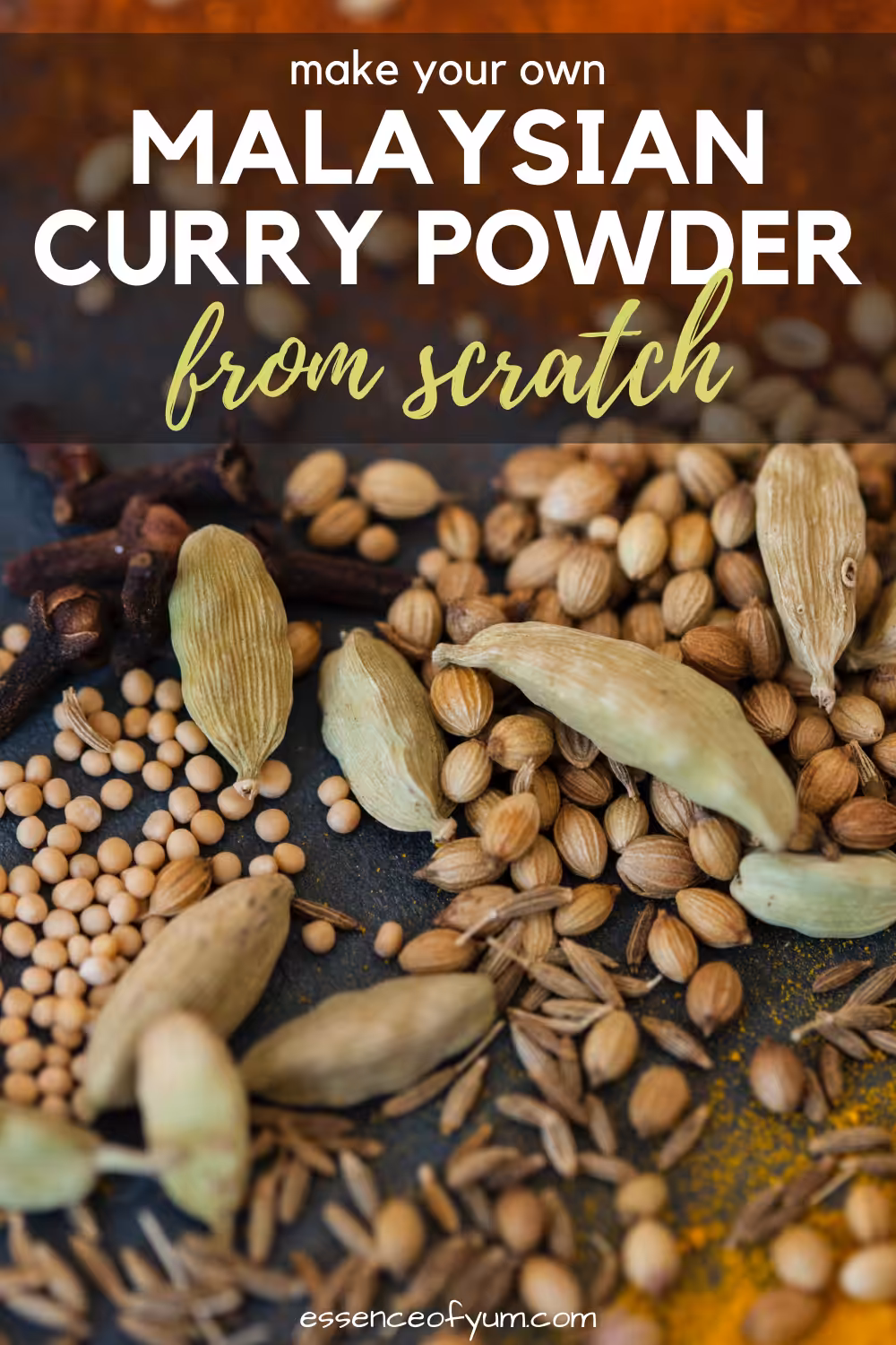 Closeup of a variety of spices including coriander and cumin seeds and cardamom pods with the text make your own Malaysian curry powder from scratch.