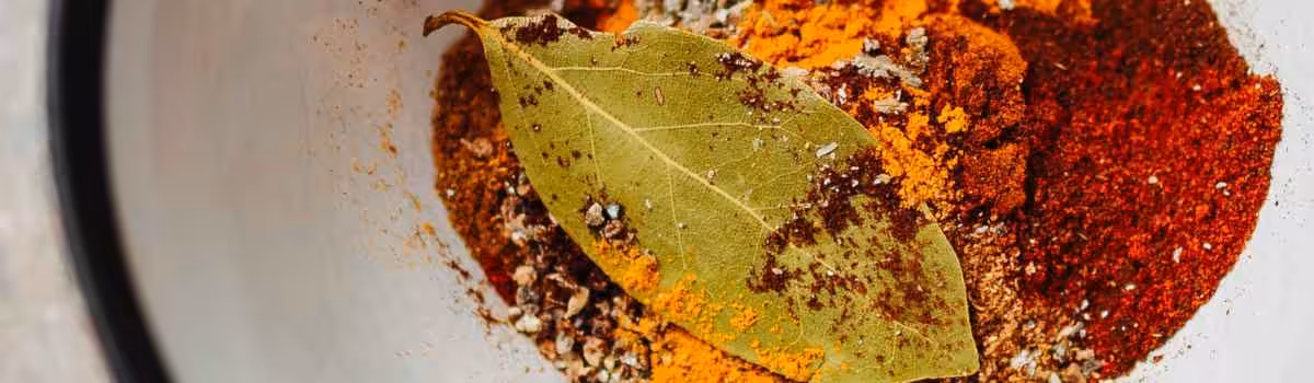 Closeup of a mixture of spices and a curry leaf in a white bowl.