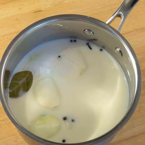 Closeup of a small pot half full of milk being infused with cloves, peppercorns, onions and bay leaves.
