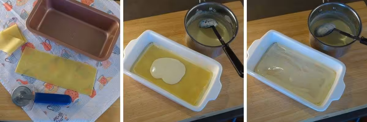 A collage of photos of the preparation of an Inside Out Lasagne - cutting pasta sheets with a pizza cutter, and spreading bechamel sauce on the pasta.
