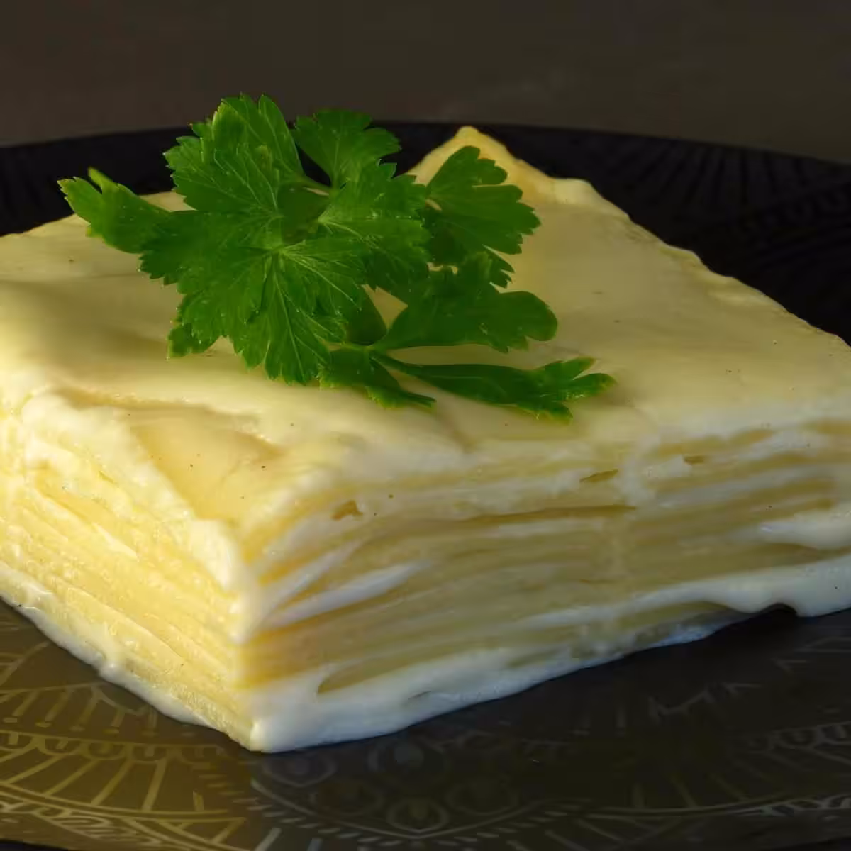 Closeup of a piece of plain Inside Out Lasagne, garnished with fresh parsley.